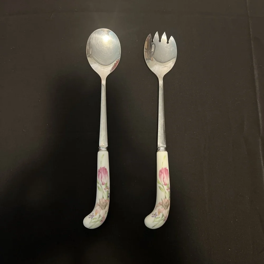 Vintage Ceramic Handle w/  Floral‎ Design 11 inches Silver Salad Server